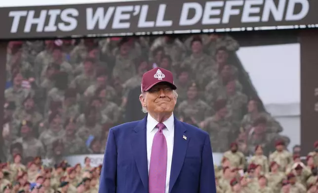 President Donald Trump arrives to speak at Fort Bragg, Tuesday, June 10, 2025, in Fort Bragg, N.C. (AP Photo/Alex Brandon)