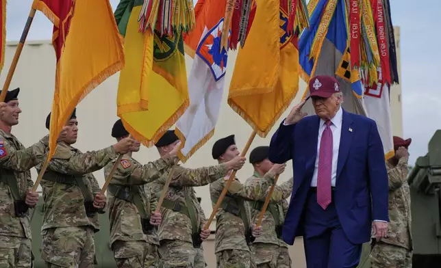 President Donald Trump arrives to speak at Fort Bragg, Tuesday, June 10, 2025, in Fort Bragg, N.C. (AP Photo/Alex Brandon)