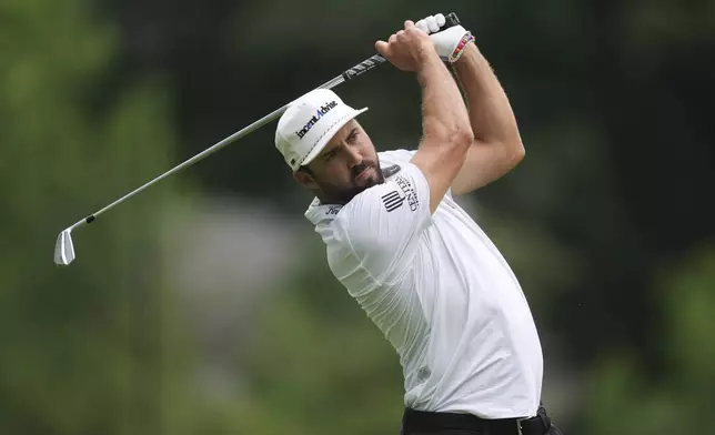 Mark Hubbard hits from the ninth tee during the first round of the Rocket Classic golf tournament at the Detroit Golf Club, Thursday, June 26, 2025, in Detroit. (AP Photo/Paul Sancya)
