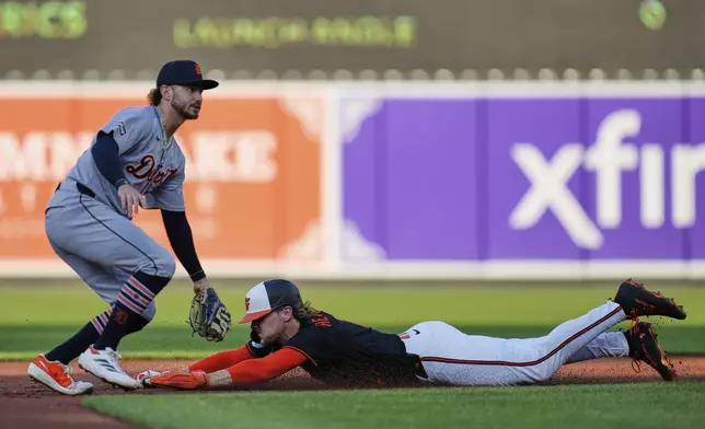 Baltimore Orioles' Gunnar Henderson, right, steals second base in front of Detroit Tigers shortstop Zach McKinstry, left, during the first inning of a baseball game, Wednesday, June 11, 2025, in Baltimore. (AP Photo/Stephanie Scarbrough)