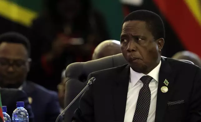 FILE - Zambian President Edgar Lungu attends the Southern African Development Community's leaders' conference in Pretoria, South Africa, Saturday, Aug. 19, 2017. (AP Photo/Themba Hadebe, file)