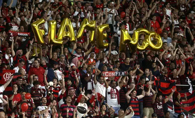 FILE - Flamengo's fans cheer at the Club World Cup final soccer match between Liverpool and Flamengo at Khalifa International Stadium in Doha, Qatar, Saturday, Dec. 21, 2019. (AP Photo/Hussein Sayed, File)