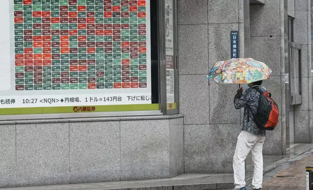 A person looks at an electronic stock board showing Japan's Nikkei index at a securities firm Tuesday, June 3, 2025, in Tokyo. (AP Photo/Eugene Hoshiko)