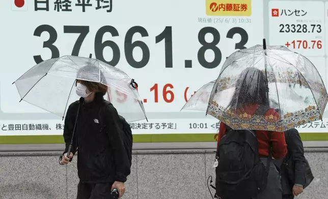 People walk in the rain in front of an electronic stock board showing Japan's Nikkei index at a securities firm Tuesday, June 3, 2025, in Tokyo. (AP Photo/Eugene Hoshiko)