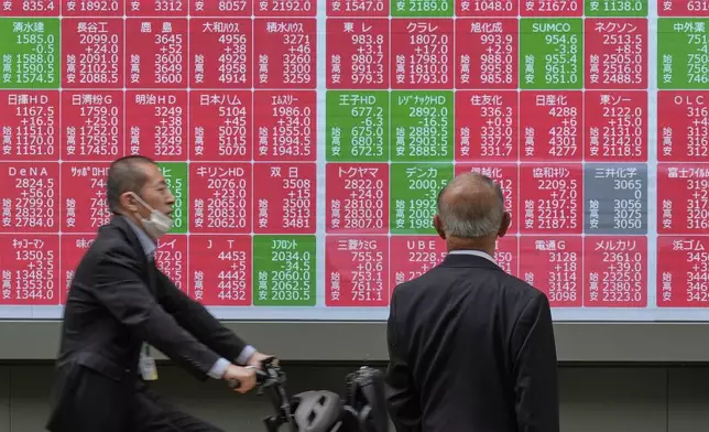 A person looks at an electronic stock board showing Japan's Nikkei index at a securities firm Monday, May 26, 2025, in Tokyo. (AP Photo/Eugene Hoshiko)