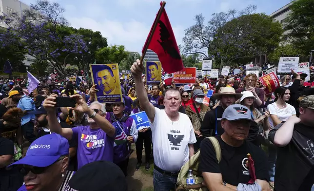 Supporters gather as civil rights legend Dolores Huerta, 95, speaks at a rally in Los Angeles, Monday, June 9, 2025, calling for the release of labor union leader David Huerta, who was arrested during a protest on June 6. (AP Photo/Damian Dovarganes)
