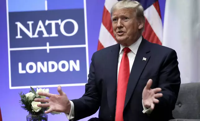 FILE - President Donald Trump speaks during the NATO summit, Dec. 4, 2019, in Watford, England. (AP Photo/ Evan Vucci, File)