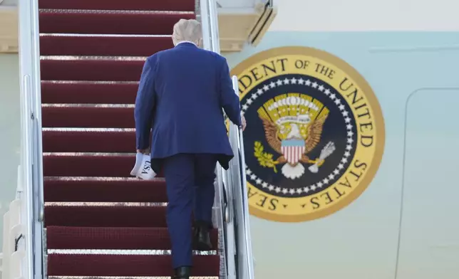 President Donald Trump boards Air Force One, Tuesday, June 24, 2025, at Joint Base Andrews, Md., on his way to The Hague, to join world leaders gathering in the Netherlands for a two-day NATO summit. (AP Photo/Manuel Balce Ceneta)
