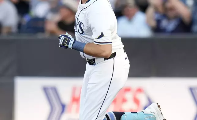 Tampa Bay Rays' Josh Lowe reacts after his home run off Baltimore Orioles pitcher Zach Eflin during the first inning of a baseball game Monday, June 16, 2025, in Tampa, Fla. (AP Photo/Chris O'Meara)