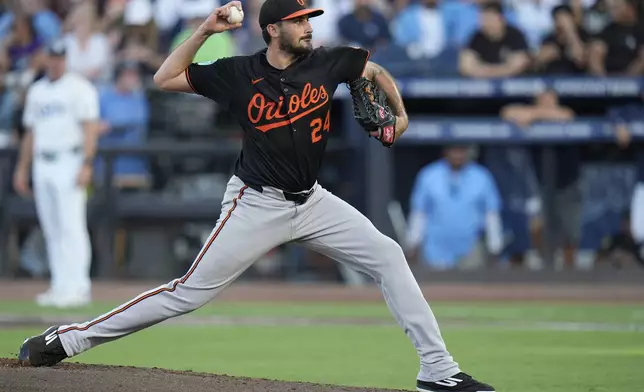Baltimore Orioles' Zach Eflin pitches to the Tampa Bay Rays during the first inning of a baseball game Monday, June 16, 2025, in Tampa, Fla. (AP Photo/Chris O'Meara)