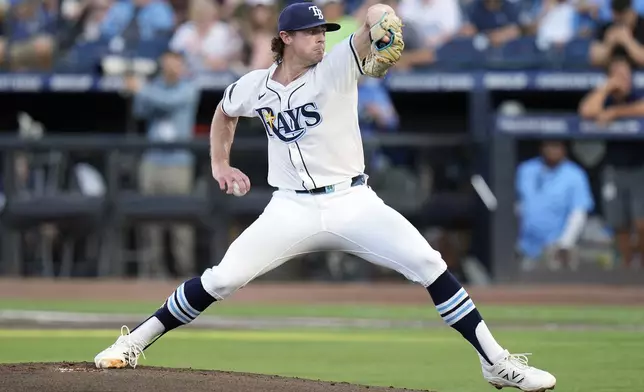 Tampa Bay Rays' Ryan Pepiot pitches to the Baltimore Orioles during the first inning of a baseball game Monday, June 16, 2025, in Tampa, Fla. (AP Photo/Chris O'Meara)