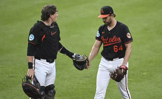 Baltimore Orioles pitcher Dean Kremer (64) is greeted by catcher Adley Rutschman, left, as they walk off the field during the third inning of a baseball game against the Detroit Tigers in Baltimore, Thursday, June 12, 2025. (AP Photo/Terrance Williams)