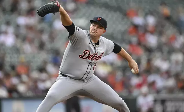 Detroit Tigers pitcher Tarik Skubal throws during the second inning of a baseball game against the Baltimore Orioles in Baltimore, Thursday, June 12, 2025. (AP Photo/Terrance Williams)