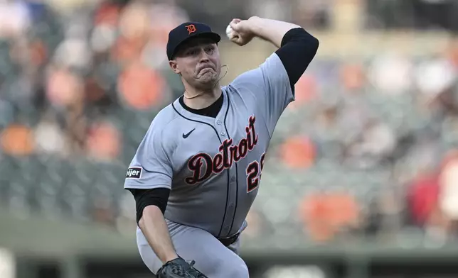 Detroit Tigers pitcher Tarik Skubal throws during the first inning of a baseball game against the Baltimore Orioles in Baltimore, Thursday, June 12, 2025. (AP Photo/Terrance Williams)