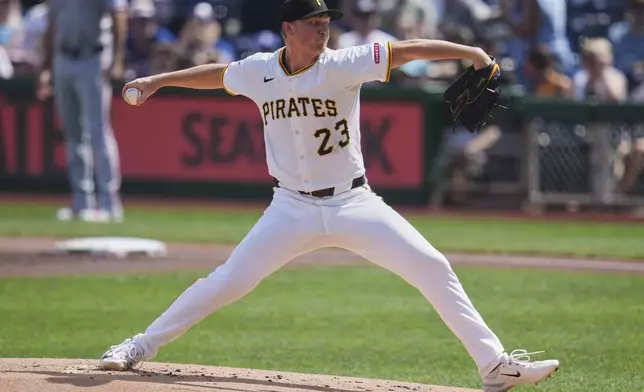 Pittsburgh Pirates pitcher Mitch Keller delivers during the first inning of a baseball game against the Texas Rangers in Pittsburgh, Saturday, June 21, 2025. (AP Photo/Gene J. Puskar)