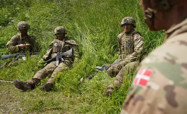 Young conscripts sit waiting in the grass during final exercises at a training area close to Royal Danish Army’s barracks in Hovelte, 25 kilometres north of Copenhagen, Denmark, Wednesday, June 11, 2025. (AP Photo/James Brooks)
