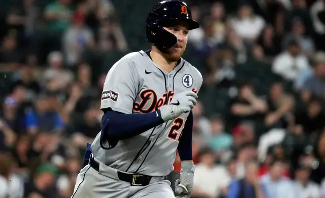 Detroit Tigers' Parker Meadows runs after hitting a triple during the sixth inning of a baseball game against the Chicago White Sox in Chicago, Monday, June 2, 2025. (AP Photo/Nam Y. Huh)