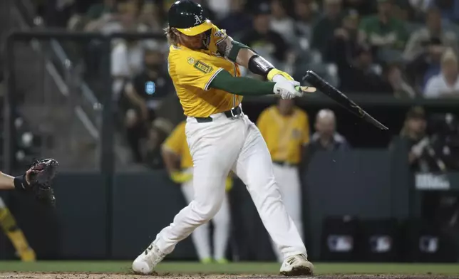 Athletics' Willie MacIver hits and reaches on an error resulting in a run batted in against the Houston Astros during the sixth inning of a baseball game Thursday, June 19, 2025, in West Sacramento, Calif. (AP Photo/Scott Marshall)
