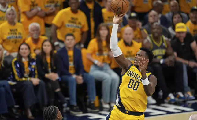 Indiana Pacers guard Bennedict Mathurin shoots against the Oklahoma City Thunder during the second half of Game 3 of the NBA Finals basketball series, Wednesday, June 11, 2025, in Indianapolis. (AP Photo/Abbie Parr)