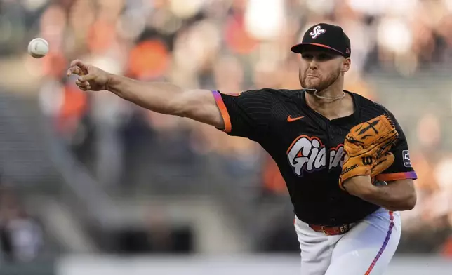 San Francisco Giants pitcher Landen Roupp throws to a San Diego Padres batter during the first inning of a baseball game Tuesday, June 3, 2025, in San Francisco. (AP Photo/Godofredo A. Vásquez)