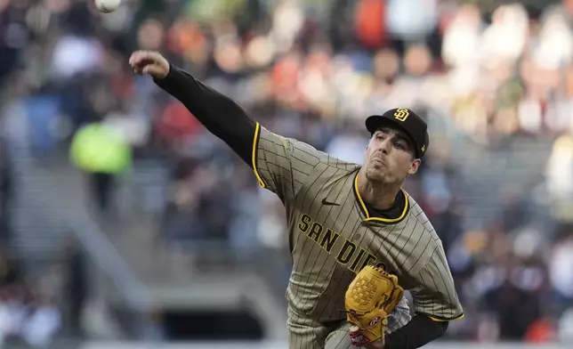 San Diego Padres pitcher Ryan Bergert throws to a San Francisco Giants batter during the first inning of a baseball game Tuesday, June 3, 2025, in San Francisco. (AP Photo/Godofredo A. Vásquez)
