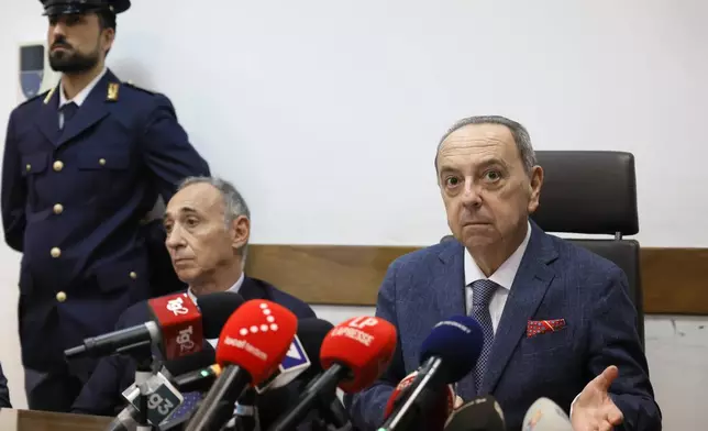 Prosecutor Francesco Lo Voi speaks during a news conference in Rome, on Friday, June 13, 2025, about about the case of a baby girl and mother found dead in Rome's Villa Pamphili park. (Cecilia Fabiano/LaPresse via AP)