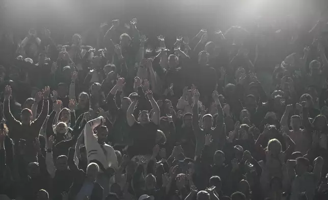 Spectators cheer during the semifinal match of the French Tennis Open between Italy's Jannik Sinner and Serbia's Novak Djokovic at the Roland-Garros stadium in Paris, Friday, June 6, 2025. (AP Photo/Thibault Camus)