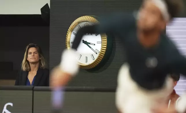 Tournament director Amelie Mauresmo watches the semifinal match of the French Tennis Open between Italy's Lorenzo Musetti and Spain's Carlos Alcaraz at the Roland-Garros stadium in Paris, Friday, June 6, 2025. (AP Photo/Christophe Ena)