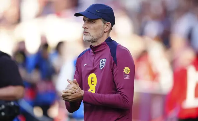 England manager Thomas Tuchel watches from the sideline before an international friendly match against Senegal at The City Ground in Nottingham, England, Tuesday, June 10, 2025. (Mike Egerton/PA via AP)