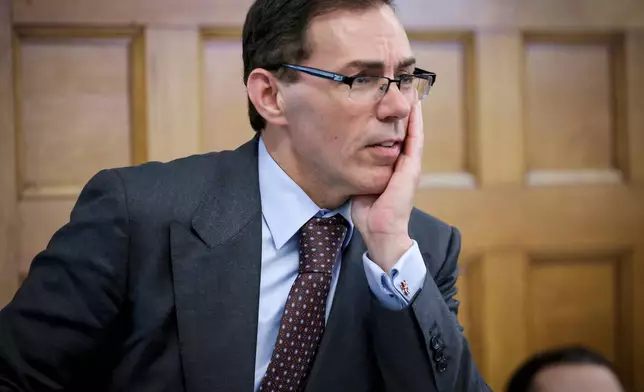 Prosecutor Hank Brennan questions accident reconstruction specialist Dr. Daniel Wolfe during the murder trial of Karen Read in Norfolk Superior Court, Friday, June 6, 2025, in Dedham, Mass. (Mark Stockwell/The Lowell Sun via AP, Pool)