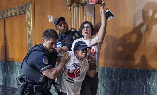 U.S. Capitol Police remove protesters after they began shouting in a Senate Appropriations Committee hearing as Office of Management and Budget director Russell Vought begins to testify on the rescissions package, at the Capitol in Washington, Wednesday, June 25, 2025. (AP Photo/J. Scott Applewhite)