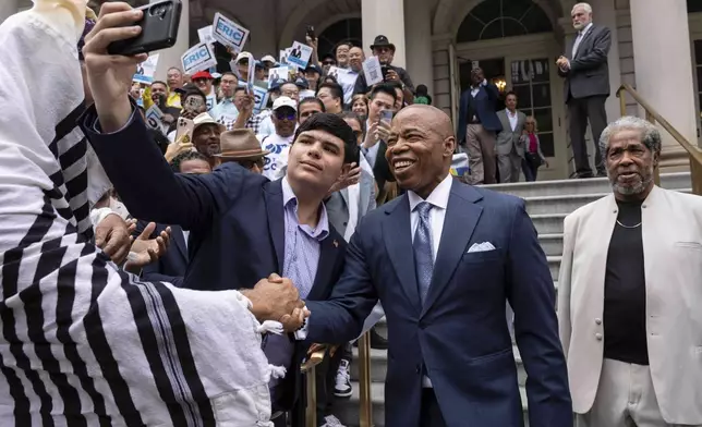 New York Mayor Eric Adams arrives at his campaign launch rally a City Hall, Thursday, June. 26, 2025, in New York. (AP Photo/Yuki Iwamura)