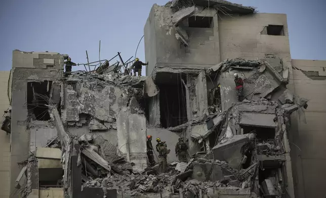 Israeli soldiers and rescue team search for survivors amid the rubble of residential buildings destroyed by an Iranian missile strike that killed several people, in Beersheba, Israel, on Tuesday, June 24, 2025. (AP Photo/Leo Correa)