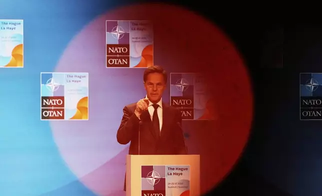 NATO Secretary General Mark Rutte speaks during a media conference in The Hague, Netherlands, Monday, June 23, 2025 ahead of the NATO summit. (AP Photo/Markus Schreiber)