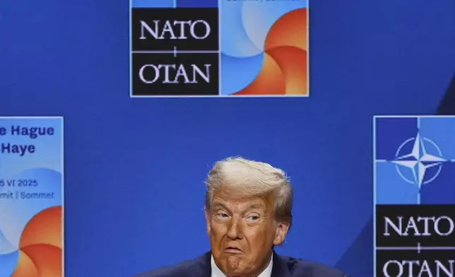 President Donald Trump speaks during a media conference at the NATO summit in The Hague, Netherlands, Wednesday, June 25, 2025. (AP Photo/Geert Vanden Wijngaert)