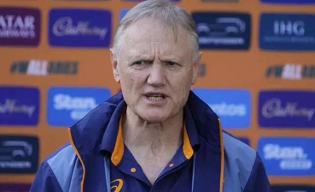 Australia Rugby's head coach Joe Schmidt comments at Stanmore Public School in Sydney, Australia, Thursday, June 19, 2025, after the announcement of the rugby union squad that will that will be considered for a position in the three-test series against the British and Irish Lions. (AP Photo/Rick Rycroft)