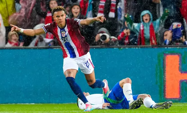 Norway's Antonio Nusa celebrates scoring during the qualifying World Cup soccer match between Norway and Italy at Ullevaal Stadium in Oslo, Friday June 6, 2025. (Lise Åserud/NTB via AP)