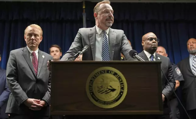 Acting U.S. Attorney Joseph H. Thompson speaks during a news conference at the United States Courthouse in Minneapolis, Monday, June 16, 2025. (AP Photo/George Walker IV)