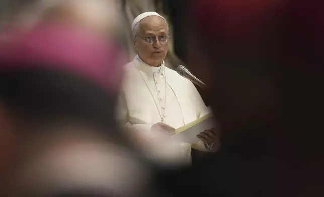 Pope Leo XIV leads a meditation with the participants into the Jubilee of Bishops inside St. Peter's Basilica, at the Vatican, Wednesday, June 25, 2025. (AP Photo/Andrew Medichini)