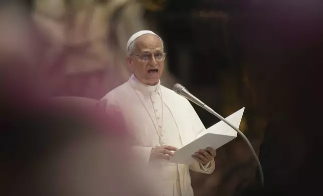 Pope Leo XIV leads a meditation with the participants into the Jubilee of Bishops inside St. Peter's Basilica, at the Vatican, Wednesday, June 25, 2025. (AP Photo/Andrew Medichini)