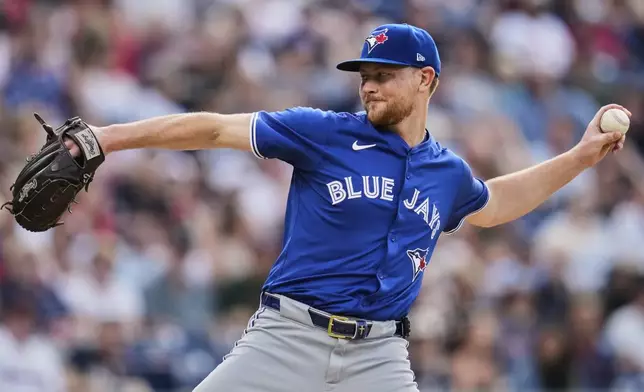 Toronto Blue Jays' Eric Lauer pitches in the first inning of a baseball game against the Cleveland Guardians in Cleveland, Tuesday, June 24, 2025. (AP Photo/Sue Ogrocki)