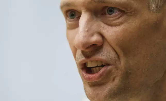 Syarhei Tsikhanouski, a Belarusian opposition activist released from a prison by Belarusian authorities, speaks during an interview with the Associated Press in Vilnius, Lithuania, Sunday, June 22, 2025. (AP Photo/Mindaugas Kulbis)