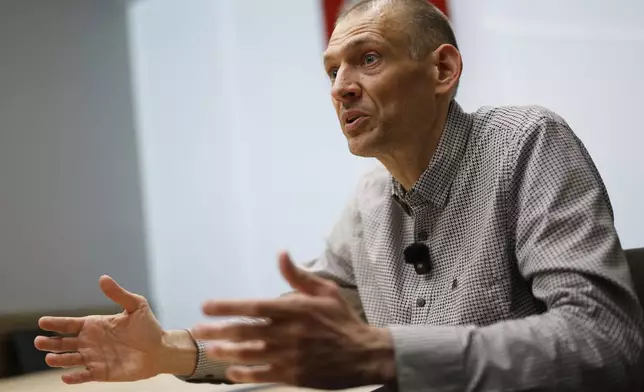 Syarhei Tsikhanouski, a Belarusian opposition activist released from a prison by Belarusian authorities, speaks during an interview with the Associated Press in Vilnius, Lithuania, Sunday, June 22, 2025. (AP Photo/Mindaugas Kulbis)