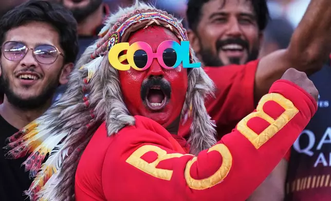 Royal Challengers Bengaluru fans cheers before the start of the Indian Premier League cricket final match between Punjab Kings and Royal Challengers Bengaluru at Narendra Modi Stadium in Ahmedabad, India, Tuesday, June 3, 2025. (AP Photo/ Ajit Solanki )