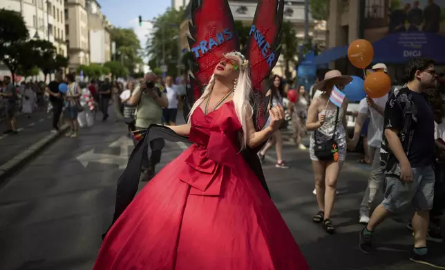 Antonella Lerca Duda, who identifies as a Roma transgender woman, poses during the Bucharest Pride Parade in Bucharest, Romania, Saturday, June 7, 2025. (AP Photo/Vadim Ghirda)