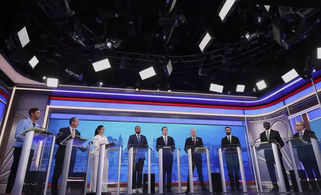 From left, Democratic mayoral candidates Adrienne Adams, Brad Lander, Jessica Ramos, Zellnor Myrie, Andrew Cuomo, Whitney Tilson, Zohran Mamdani, Michael Blake and Scott Stringer participate in a Democratic mayoral primary debate, Wednesday, June 4, 2025, in New York. (AP Photo/Yuki Iwamura, Pool)