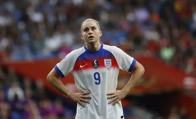 England's Alessia Russo reacts during the women's Nations League soccer match between Spain and England at the RCD Espanyol Stadium, in Barcelona, Spain, Tuesday, June 3, 2025. (AP Photo/Joan Monfort)