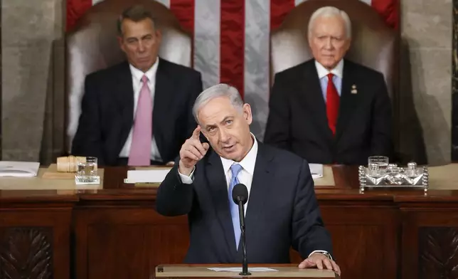 FILE - Israeli Prime Minister Benjamin Netanyahu gestures while speaking before a joint meeting of Congress on Capitol Hill in Washington, March 3, 2015. (AP Photo/Andrew Harnik, File)