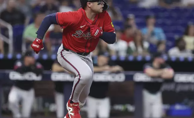 Atlanta Braves' Nick Allen runs to first base during the fifth inning of a baseball game against the Miami Marlins, Saturday, June 21, 2025, in Miami. (AP Photo/Alexandra Rodriguez)