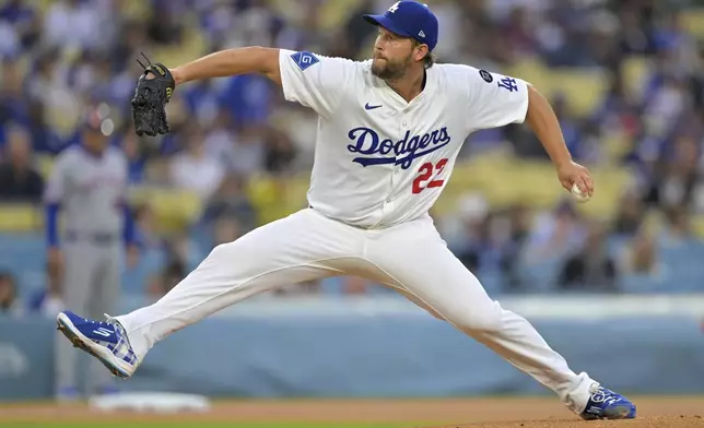 Los Angeles Dodgers starting pitcher Clayton Kershaw delivers to the plate during the first inning of a baseball game against the New York Mets, Tuesday, June 3, 2025, in Los Angeles. (AP Photo/Jayne Kamin-Oncea)